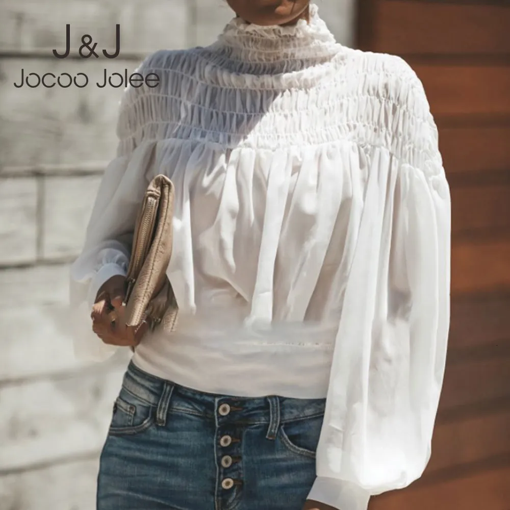 Jocoo Jolee Casual Manches longues Blouse en mousseline de soie plissée Casual Solide Chemise lâche Haute Qualité Designer Tops courts Femmes Blusas 210518