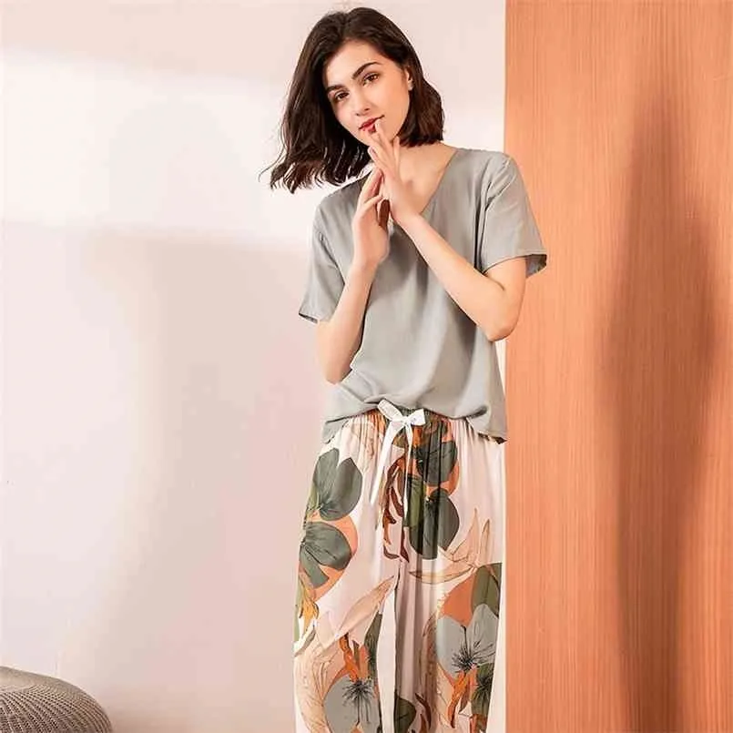 Été femmes col en v feuilles imprimé pyjamas ensemble dames confort Style Simple vêtements de nuit lâche doux tenue décontracté Homewear 210809