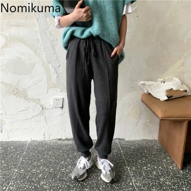 Nomikuma gebreide harem broek herfst lace up stretch hoge taille vrouwen broek nieuwe solide causale lange broek femme 6c302 210427