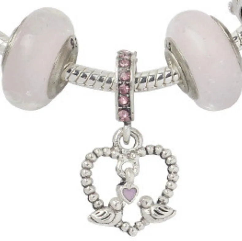 Wholesale - Charm beads 925 silver plated strand Bracelet new glazed big hole alloy pink series love bird pendant hand string