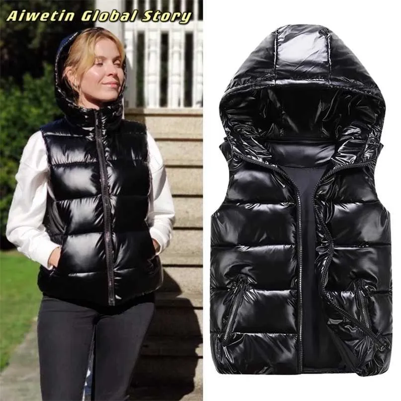 Aiwetin Women Winter Coletes Hooded Curto Cor Brilhante Algodão Algodão Acolchoado Jaqueta Sem Mangas Femininas Colete 211120