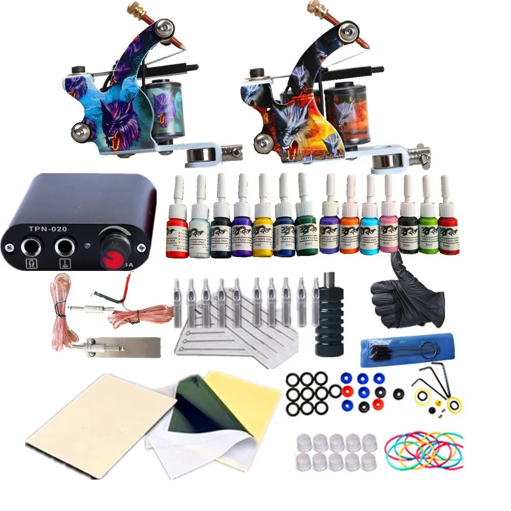 Tattoo Kit Body Art 2 Spulen Pistolen Maschine Set 14 Farben Pigment Tattoos Tinte Nadeln Liefert Netzteil Permanent Make-Up Kits