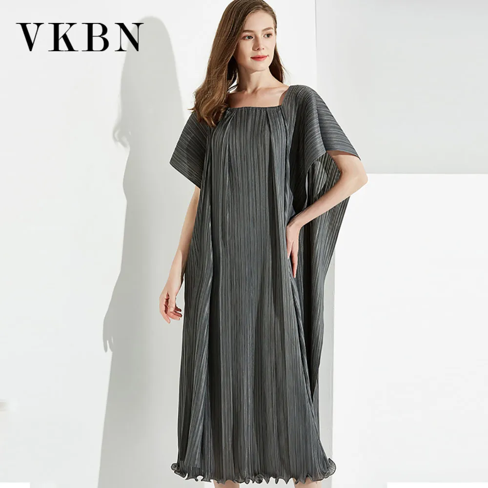 VKBN Sommarklänning Kvinnor Casual Square Collar Ruched Fabric Pullover Kortärmad Party Elegant Maxi Dress Fashion 210507