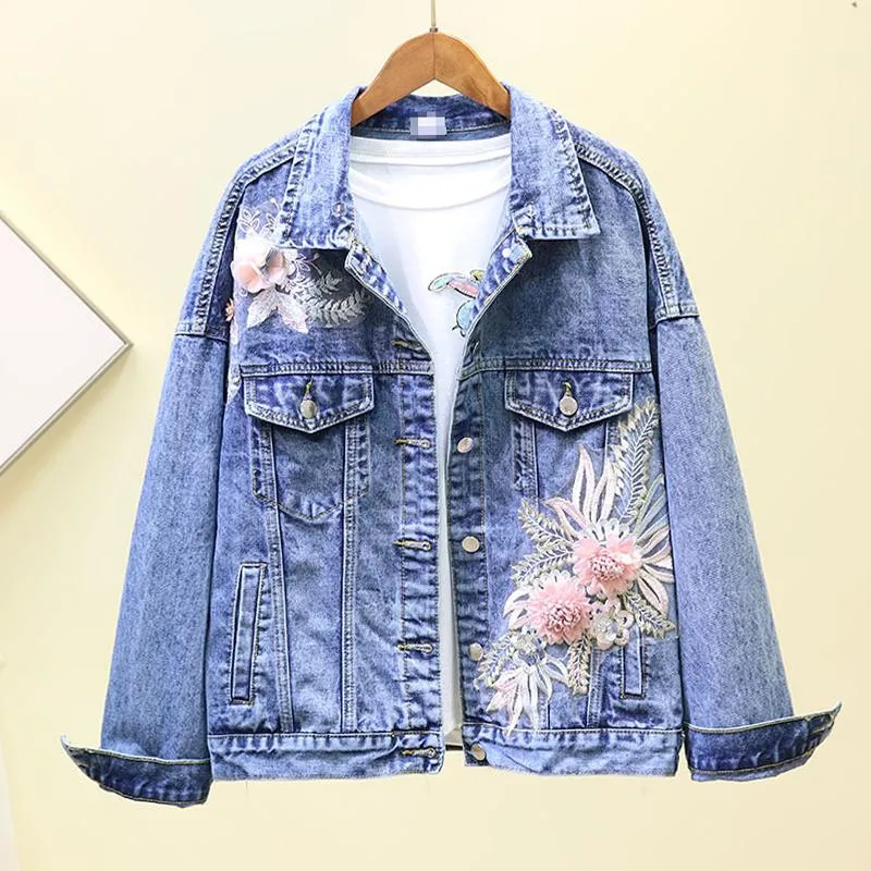 Kvinnors Jackor Höst Denim Jacka Kvinnor Lösa Tung Industri Tredimensionella Blommor Jeans Basic Coats Streetwear