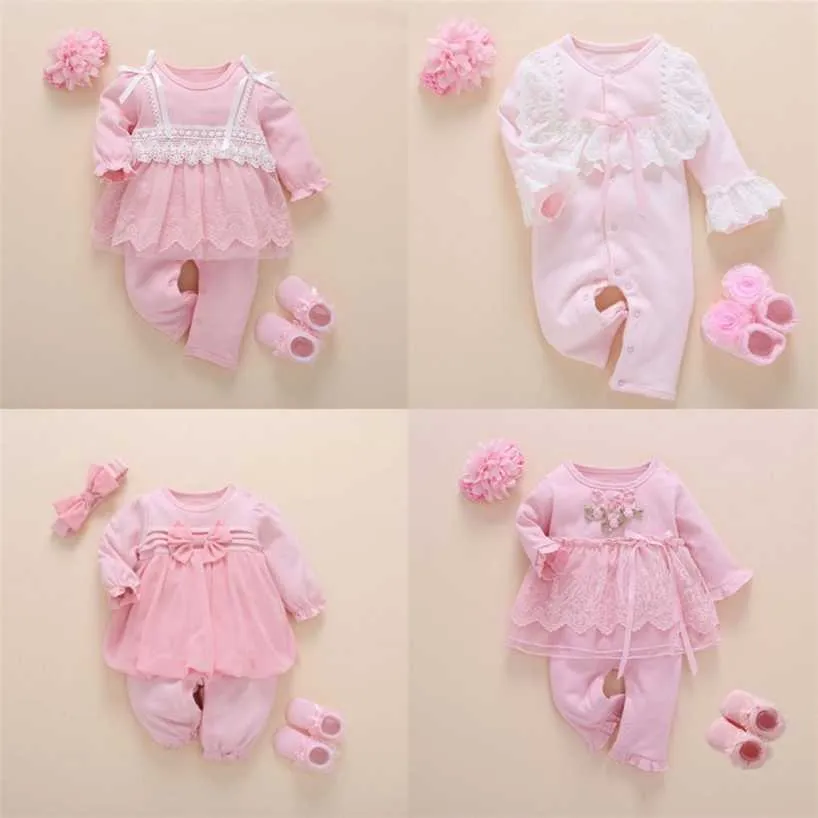 Doğan Bebek Kız Giysileri Güz Pamuk Dantel Prenses Stil Tulum 0-3 Ay Bebek Romper Çorap Kafa Ropa Bebe ile 220106