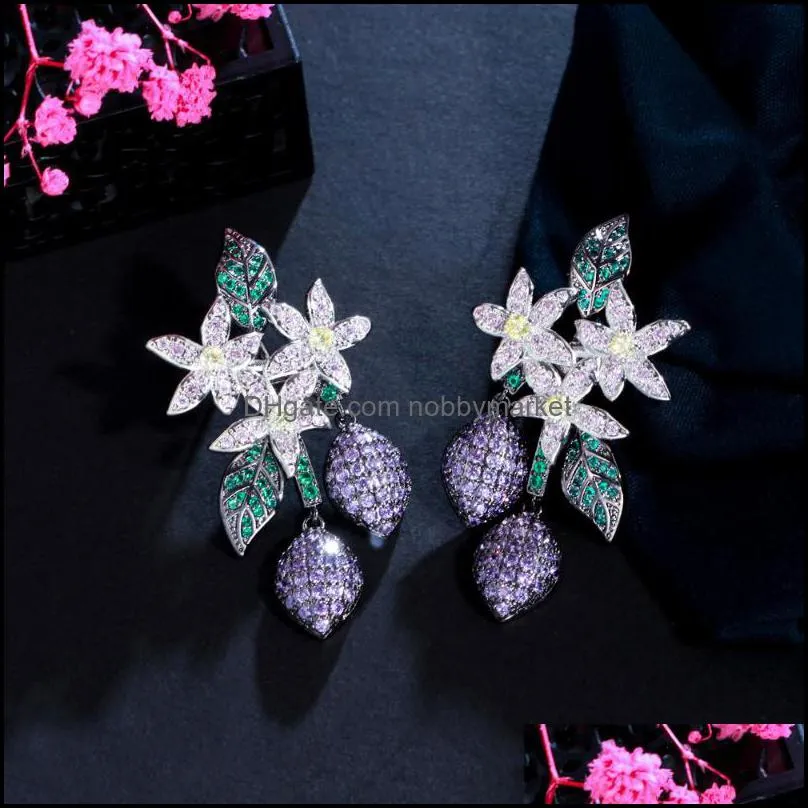 Dangle & Chandelier CWWZircons Creative Unique Design Purple Green CZ Crystal Long Drop Earrings For Women Engagement Bohemian Plant