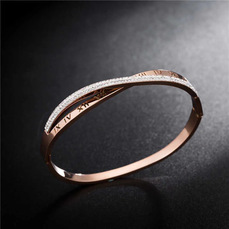 Titanium Steel Pave Setting Crystal Romeinse cijfers Armbanden Armband Classic Rose Gold Wedding Bangle Sieraden voor Dames AB19092 Q0717