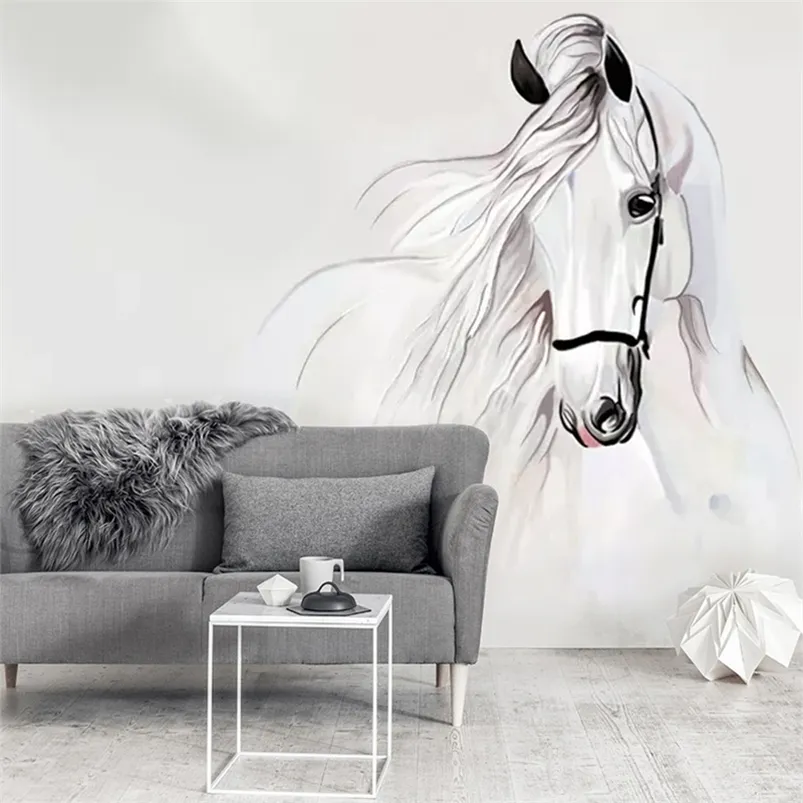 Özel po duvar kağıdı yatak odası duvarları 3D el boyalı beyaz at soyut sanat duvar boyama oturma odası dekorasyon 210722