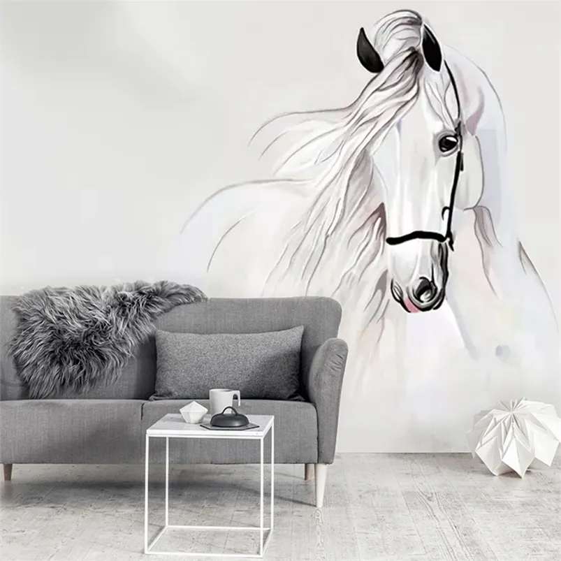 Personnalisé Po Papier Peint Mural Pour Les Murs De La Chambre 3D Peint À La Main Cheval Blanc Art Abstrait Peinture Murale Salon Décoration 210722