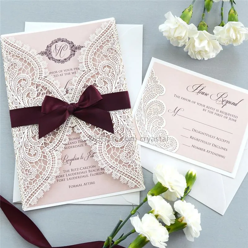 2021 WHITE CHANTILLY LACE Laser Cut Wrap Invitation - White Laser Cut Wedding Invitation with Blush Shimmer Insert and Burgundy Ribbon Bow