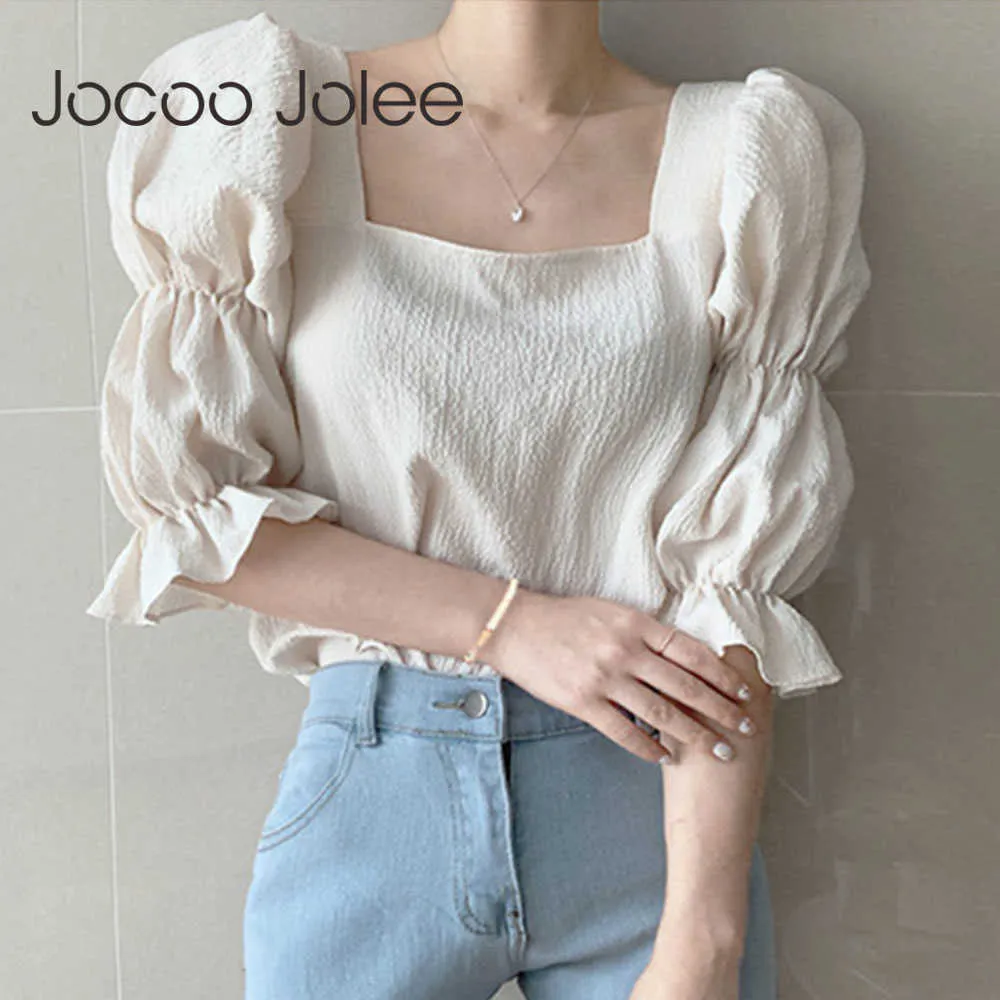 JOCOO JOLEE Women Elegante Koreaanse Puff Sleeve Square Collar Blouses Simple Chic Shirts Casual Summer Chiffon Blouses and Tops 210619