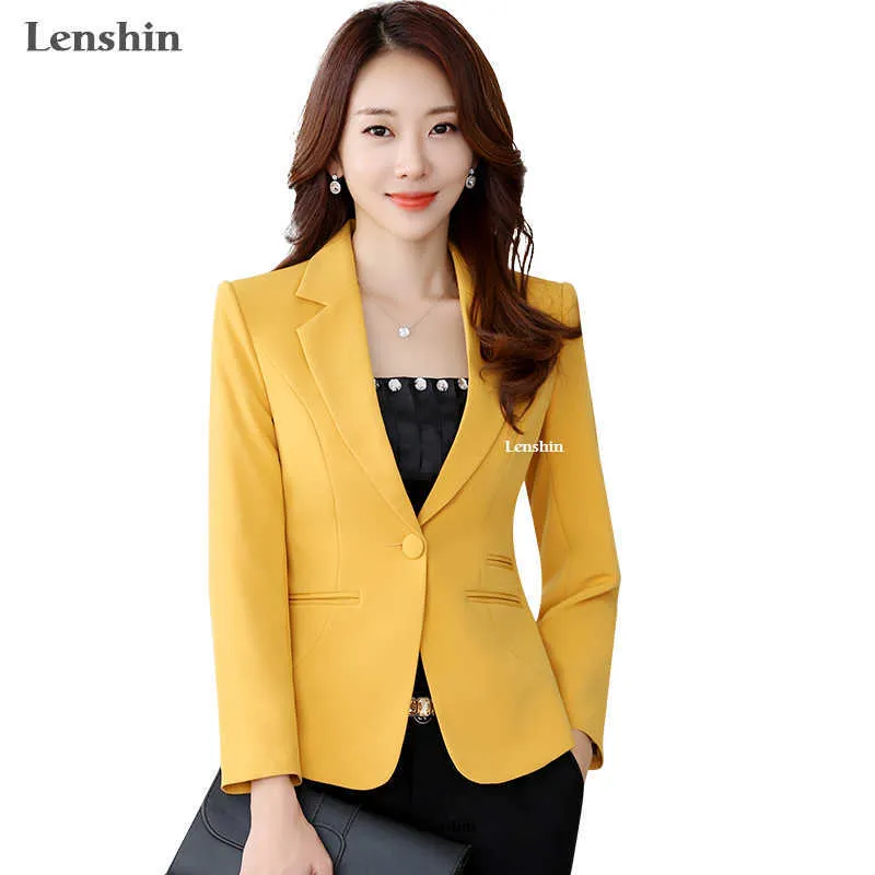 Lenshin blazer de alta qualidade em linha reta e liso jaqueta escritório senhora estilo casaco businformal desgaste de doces cor pesado tops x0721