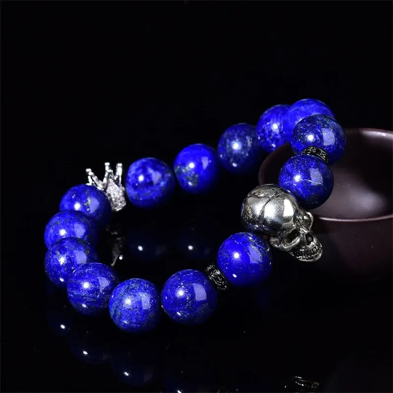 Bracelet à breloques en Quartz Lazurite bleu naturel, Reiki Lapis crâne de guérison, couronne en cristal, support de pierres précieuses, équilibrage élastique de l'énergie Ha