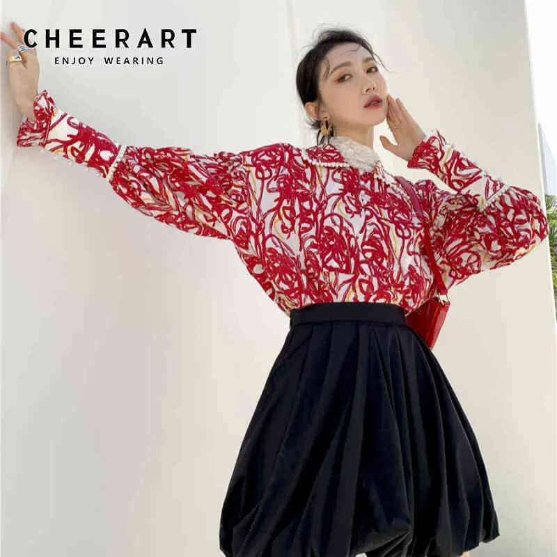 Pearl Red Langarm-Shirt Frühling Damenmode Baumwolle Kragen Button Up Damen Designer Tops und Blusen 210427