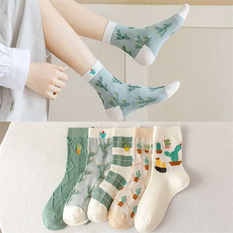 10 pieces = 5 pairs women socks autumn institute embroidery cactus female socks women warm cotton socks 211221