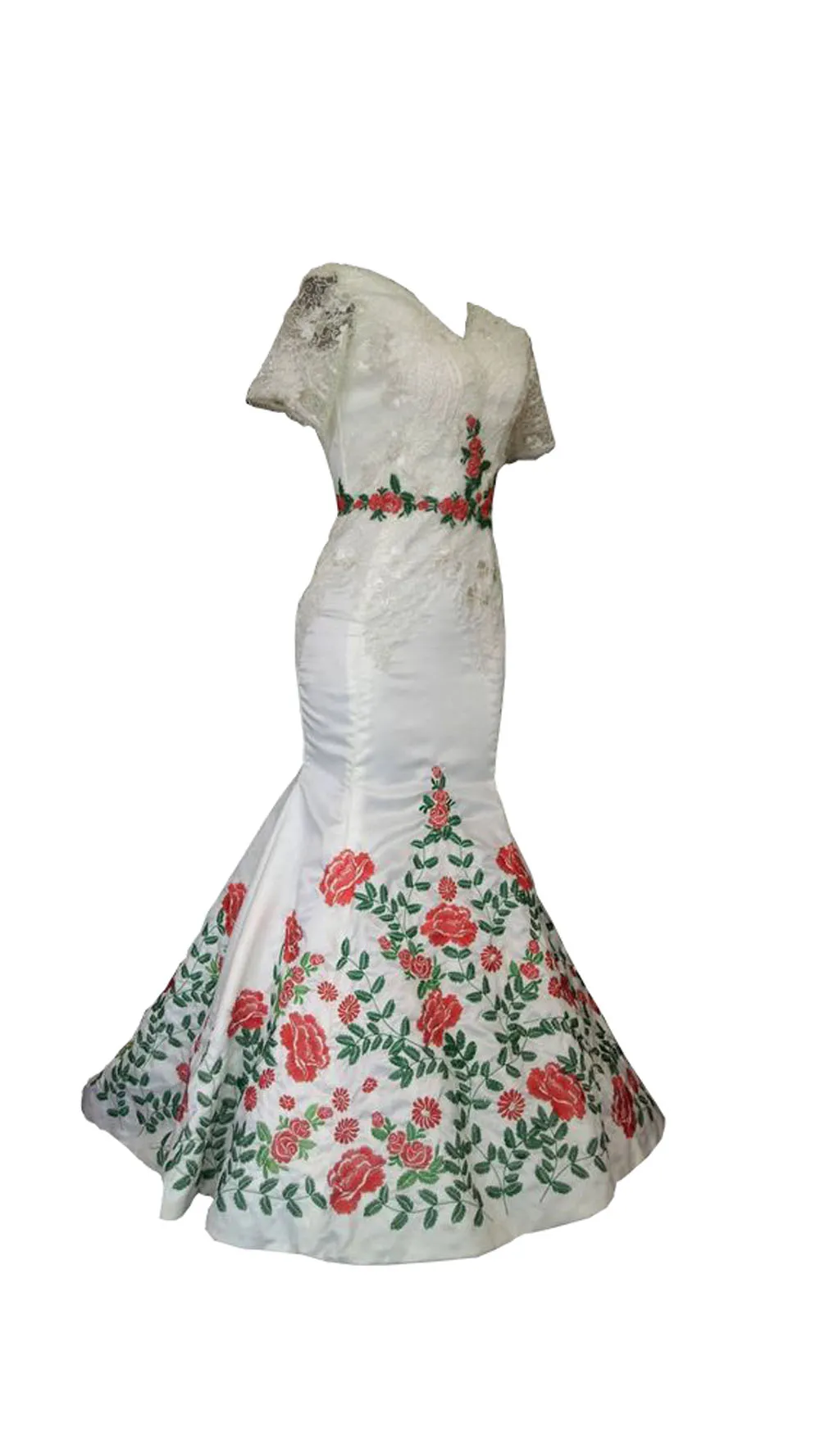 2022 Mexican Embroidered Mermaid cotton wedding dress with Short Sleeves, V-neck, Applique, and Party Gown for Special Occasions and Bride