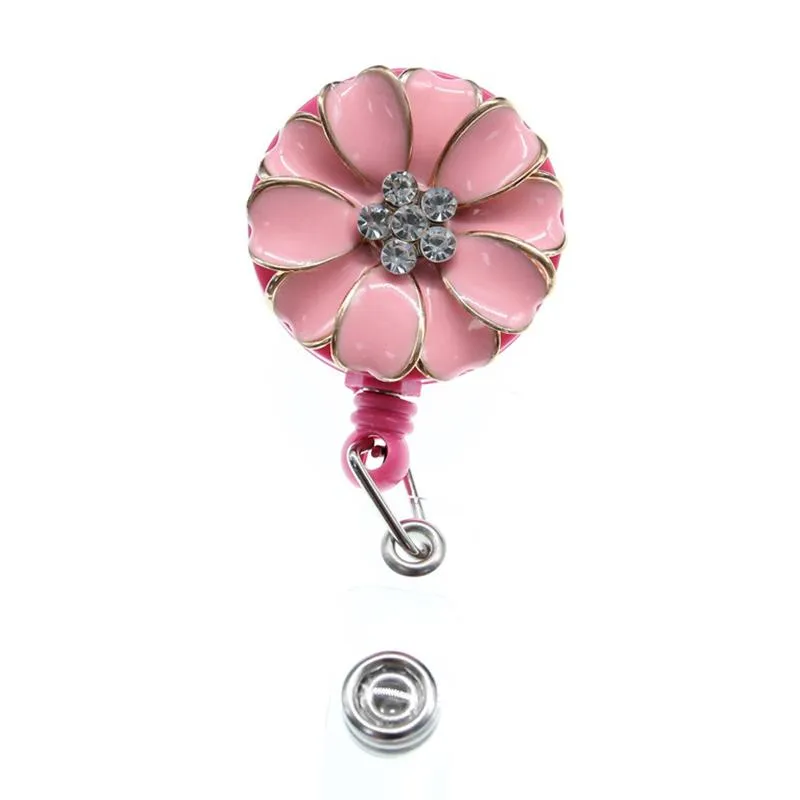 Pins, Brooches 10pcs/lot Style Pink/White/Black Enamel With Rhinestone Flower Retractable Pull Reel Name Holder