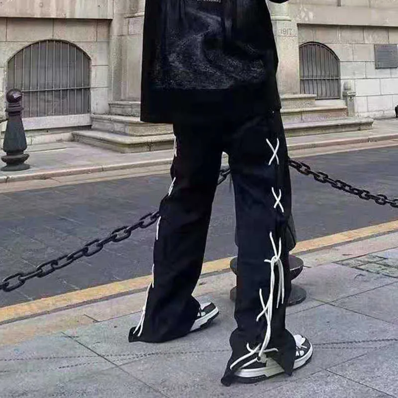 Côté à lacets taille élastique pantalon décontracté hommes haute rue surdimensionné noir Vibe pantalon de survêtement Harajuku ample Hip Hop pantalon masculin P0811