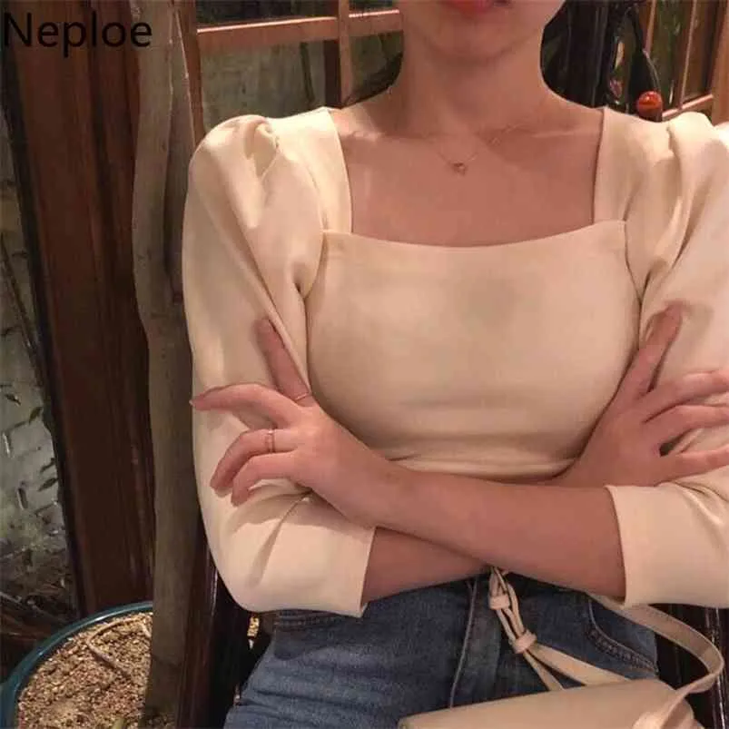 Neploe Solid T Shirt Spring Chic Korean Square Collar Puff Sleeve Ladies Tees Fashion Slim Fit Female Tops 1A367 210722