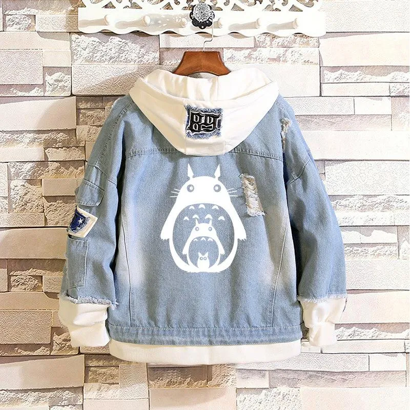 Women's Jackets Japan Anime Totoro Denim Jeans Jacket Print Women Sweatshirt Spring Kawaii Hoodie Holes Harajuku Hooded Long Sleeve Coats