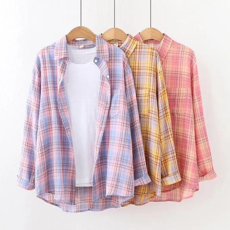 Women's Blouses & Shirts KYQIAO Women Plaid Shirt 2021 Female Autumn Spring Japanese Harajuku Style Long Pink Blue Purple Blouse Tops Blusa