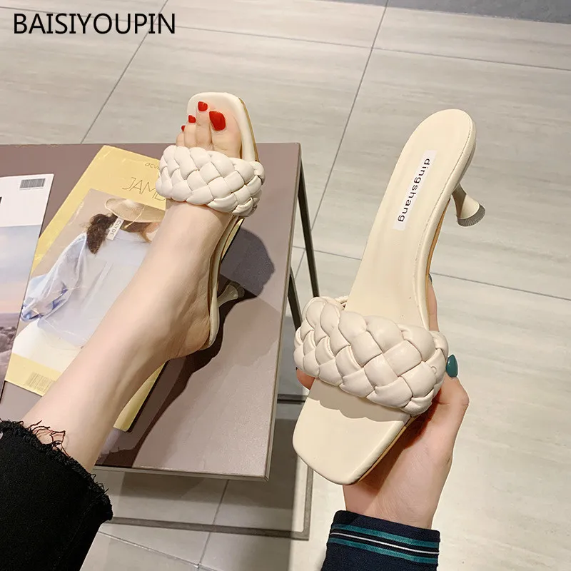 New Solid Fashion Women Slippers Summer Pumps Shoes Outside Shallow Casual Student 7cm High Heels Female Slides zapatos de mujer X0523