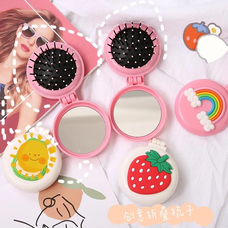 Folding Airbag Comb with Mirror Cartoon Portable Plastic Air Cushion Head Massage Comb for Travel Camping