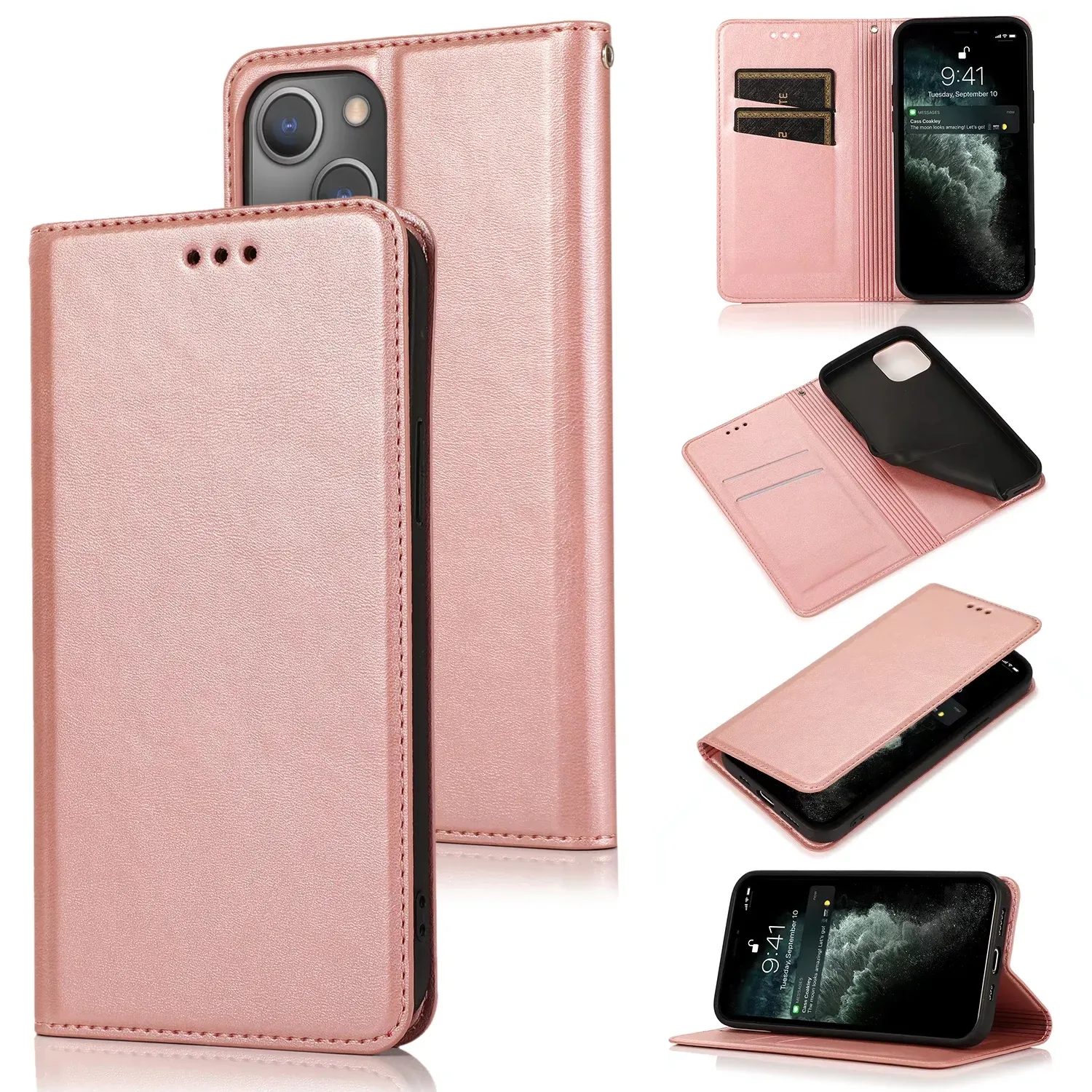 For Iphone Phone Cases Cover Case Magnetic Wallet Pure Color Pu Leather Flip Kickstand With Card Slots 13 12 11 Pro Max X Xs Xr 7 8 Plus Ultra-Thin