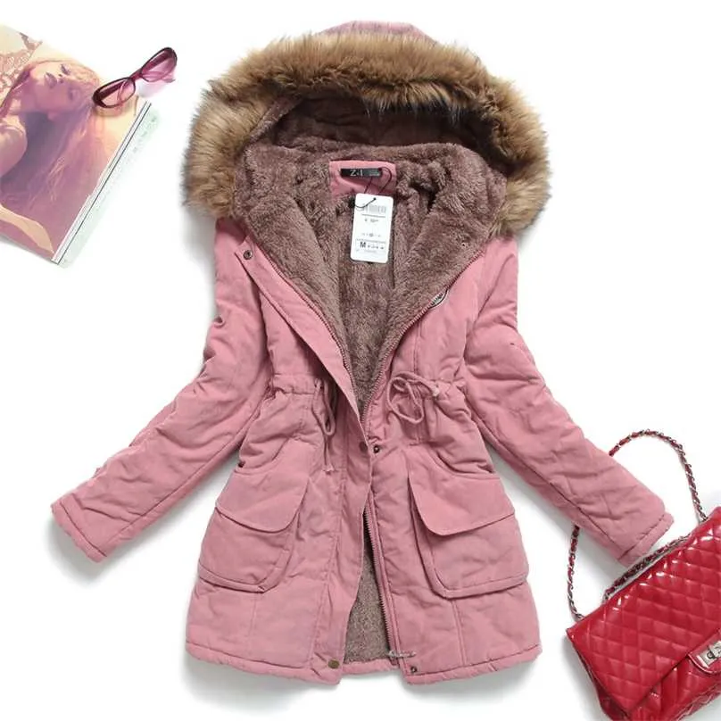 ピンクの女性パーカー長い厚い暖かいジャケットフード付きの毛皮の女性コートファッションの女性211018