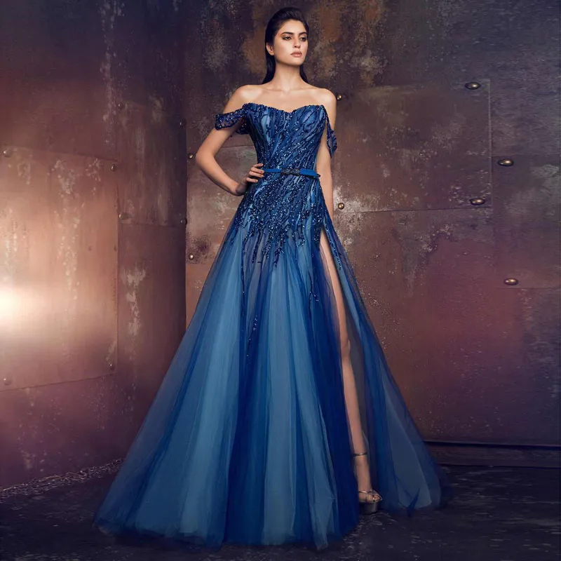 로얄 블루 페르시 댄스 파티 드레스 숄더를 끄는 Split Split Evening Gowns 라인 바닥 길이 얇은 공식 드레스