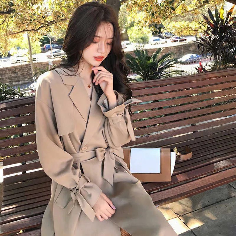 秋の韓国インファッションの人格イギリスのスタイルの長いセクション薄いコート女性原宿緩い堅い堅実な女性のジャケット210608