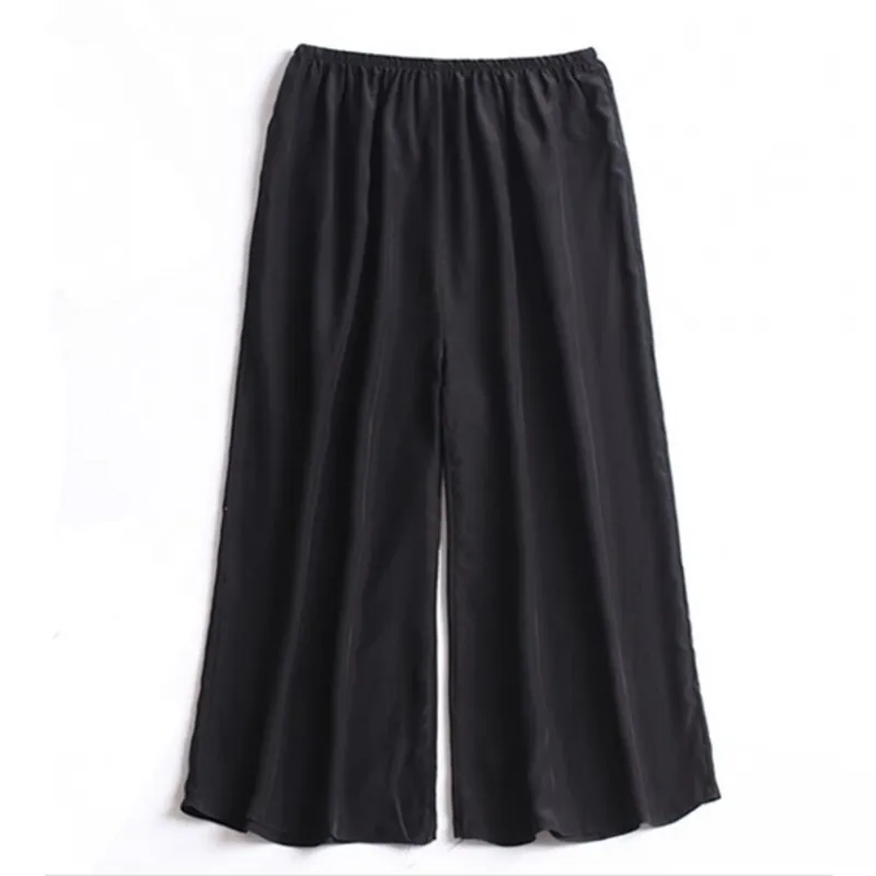 Kobiety 100% Pure Silk Crepe Silk Black Elastyczna Talia Capri Spodnie Spodnie z kieszeniami JN553 Q0801