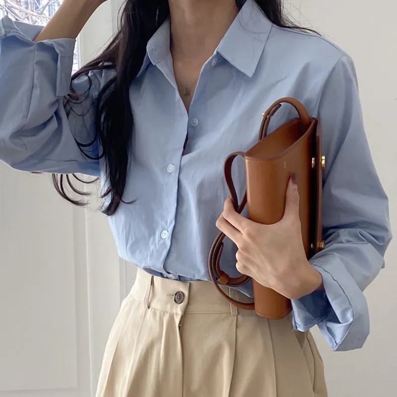 Wiosna Kobiety Biuro Lady Bluzka Pojedynczy Breasted Turn-Down Collar Długi Rękaw Minimalistyczny Multi Color Koszula 8Y675 210510