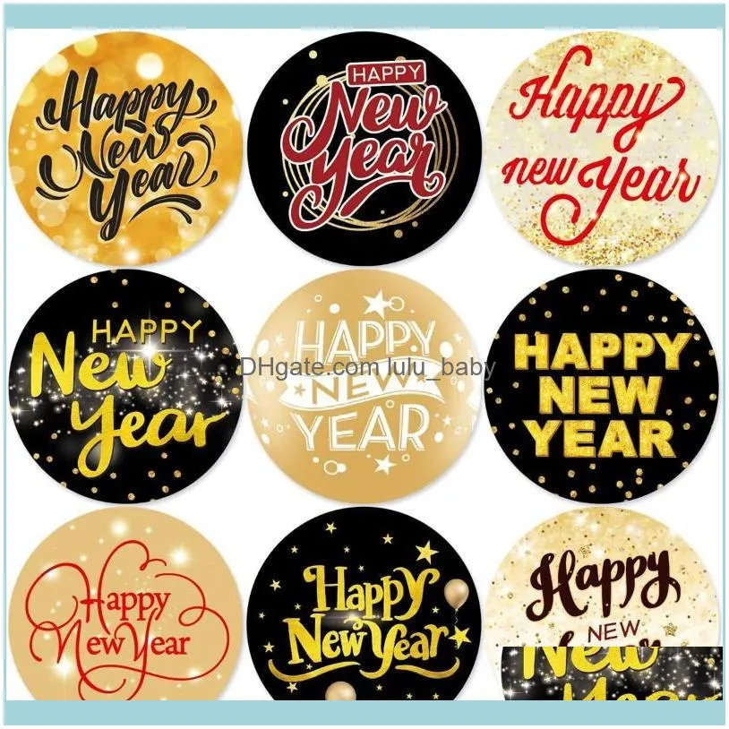 Happy Year Stickers Black Gold Labels 9 Designs 500Pcs/roll 1.5``Glitter Tags For Holiday Festival Party Decoration Jewelry Pouches,