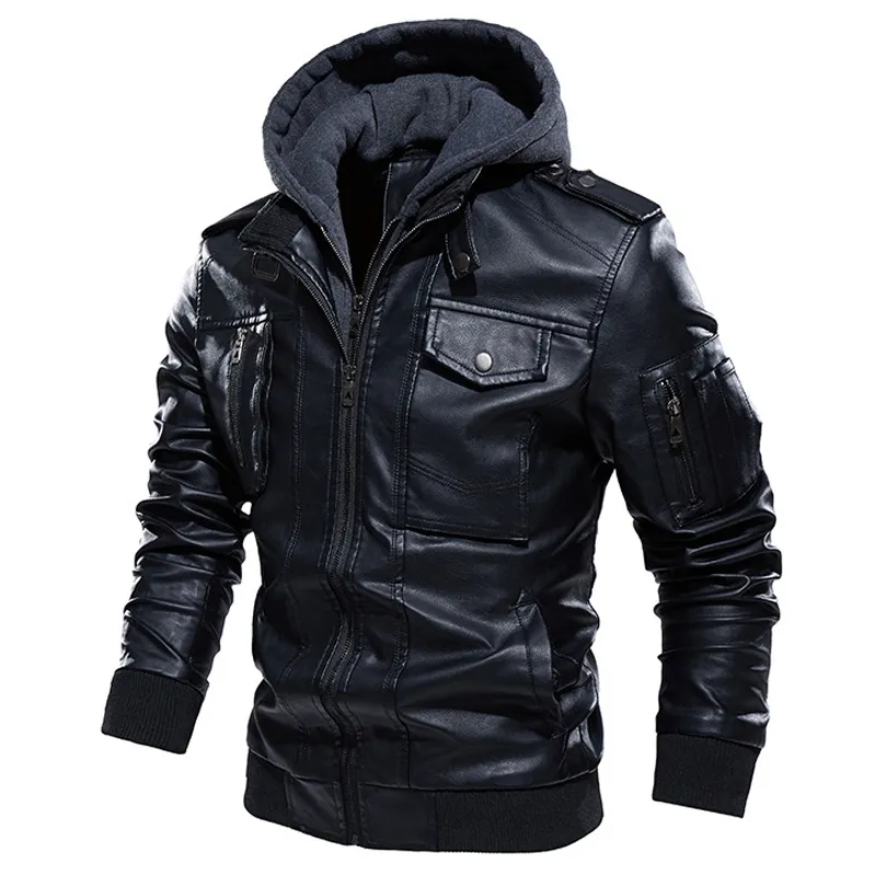 Moto Veste Hommes Casual PU Vestes En Cuir Homme Hiver Épais Chaud Vintage À Capuche Col Club Bomber En Cuir Manteaux chaqueta