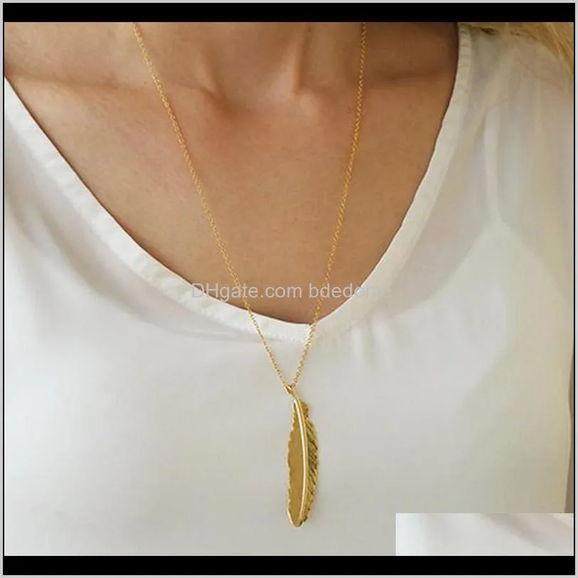 leaf feather pendant accessory silver or gold plated with metal chain for women sweater fashion necklace