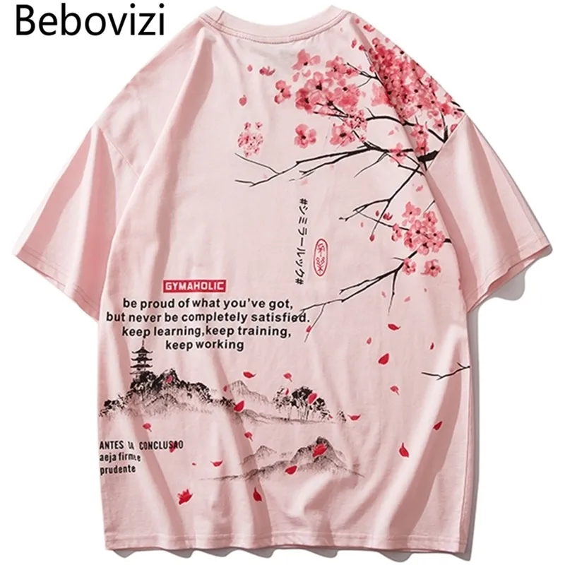 Bebovizi stile giapponese tshirt ciliegio streetwear t s slittini a maniche corte in cotone rosa tees uomo HARAJUKU HIPP HOP T-shirt oversize 210319