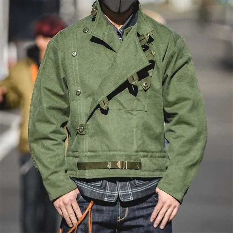 Maden Army Green Retro Jacket Misplaced Oblique Buckle Swedish Motorcycle Men's AMEKAJI Cotton Washed Water Men 211110