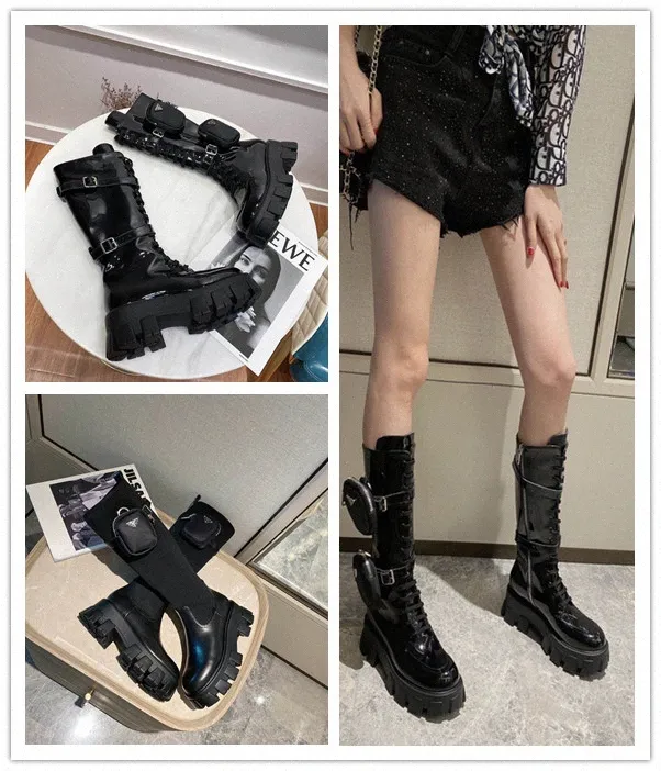 Black platform matte leather combat boots women fashion paltform round toe ankle martins bottes removable pouch winter shoes knee high elastic