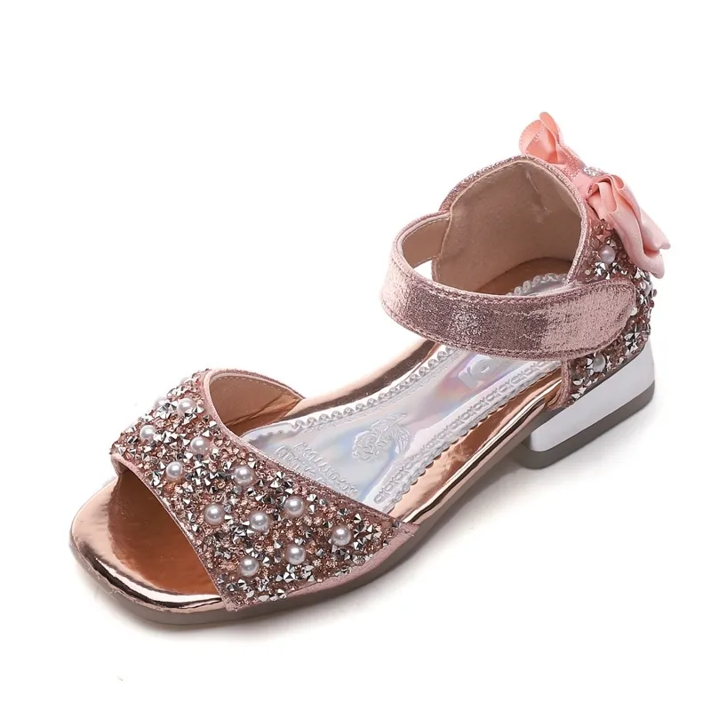 Arrivals Kids Sandals Girls Summer Shoes Fashion Sequins Pearls Bow Princess Sandals Low Heels Children Girl Shoes Pink 210713