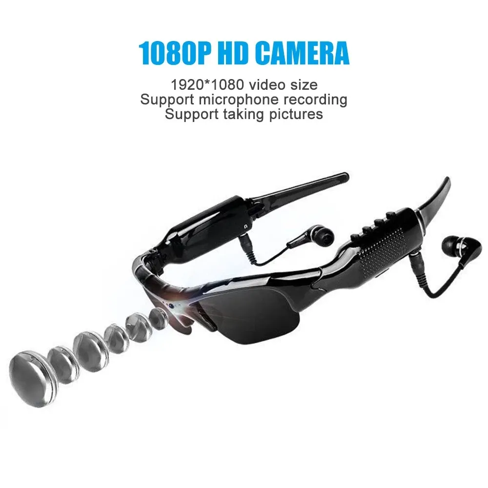 1080P Bluetooth Sun Eyewear Digital Gravador Óculos Câmera Mini Camcorder Video Sunglasses DVR com fone de ouvido