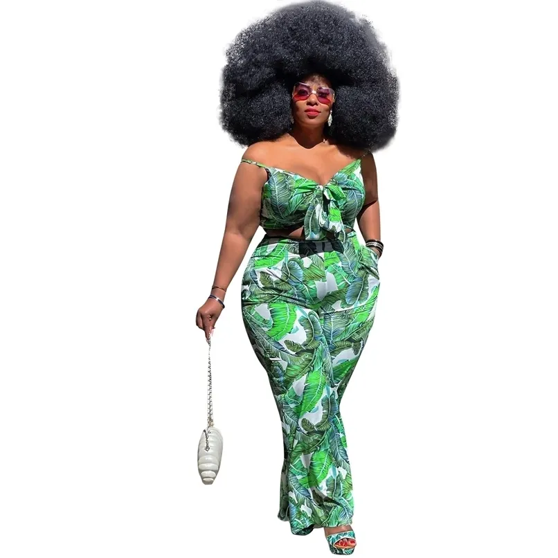 Néon Vert Imprimé Sexy Deux Pièces Ensemble Pour Femmes XL-4XL Crop Top Tee Et Pantalon À Jambes Larges Pantalon En Gros Plus Taille Vêtements 210525