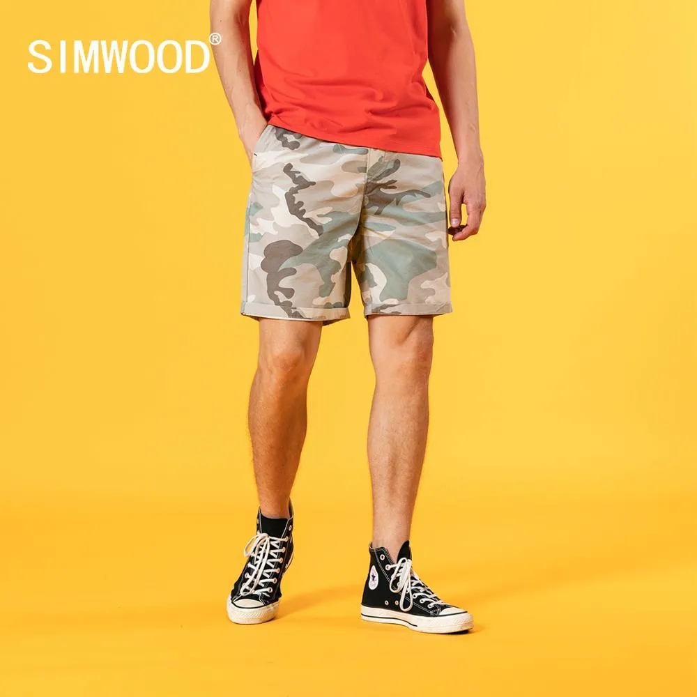 Simwood sommar kamouflage shorts män Drawstring elastisk midja enzym tvätt kort plus storlek knä längd kort SJ120655 210506