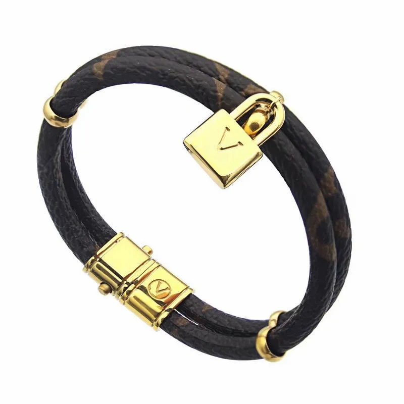 Europe America Fashion Lady Women Round Print Flower Double Deck Design Engrave V Letter Lock Charm Leather Bracelets Bangle