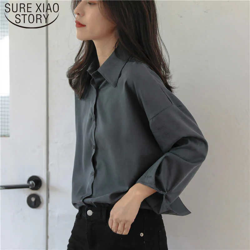 Blusas Mujer De Moda Autumn Winter Women Loose Long Sleeve Vintage Women Shirts Gray Solid Plus Size Women Blouses 6592 50 210527