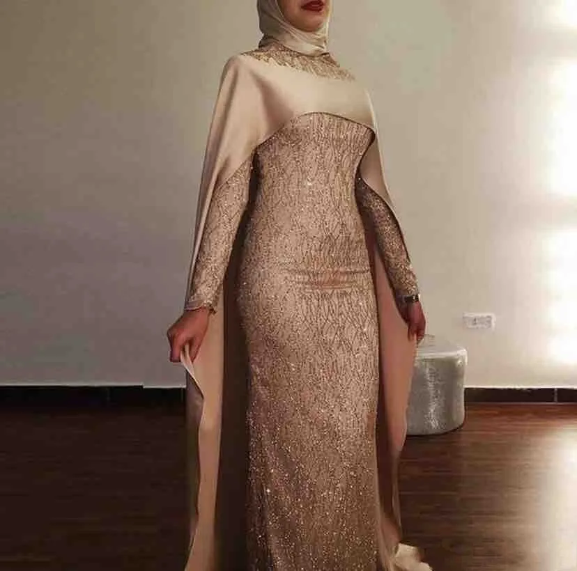 2021 Moslim Dubai Sheath Avondjurken Dragen Hoge Hals Lange Mouwen Bling Lovertjes Kant met Cape Sweep Trein Plus Size Saudi Arabia Custom Prom Party-jassen