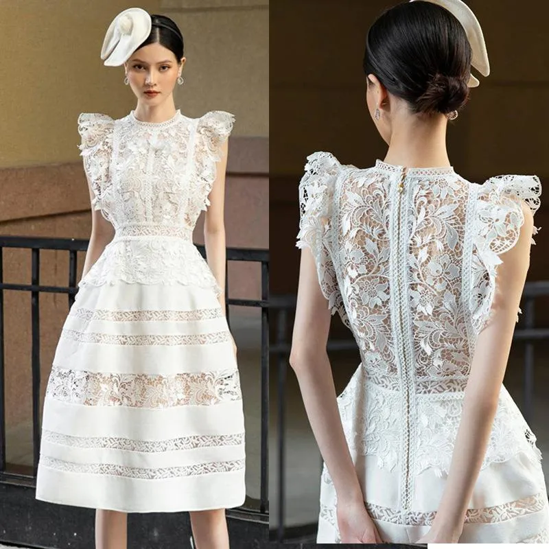 Dorywczo sukienki Wietnam Moda Marka Projektant 2021 Lato Koronki Haftowane Tekstury Wysoka Talia Odchudzanie Dress