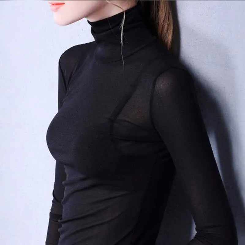 Slim T Shirt Kvinnor Plus Storlek Höst Vinter Mode Kvinna Solid Färg Långärmad Gauzze Turtleneck Basic Top T-tröja DF2231 210609