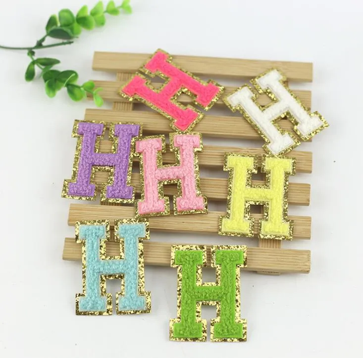 Mix Color Chenille Fabric Gold Glitter Letters Patches Towel Embroidery Rainbow Gritt Alphabet Iron on Lovely Sticker Name Clothing DIY Accessory SN6284