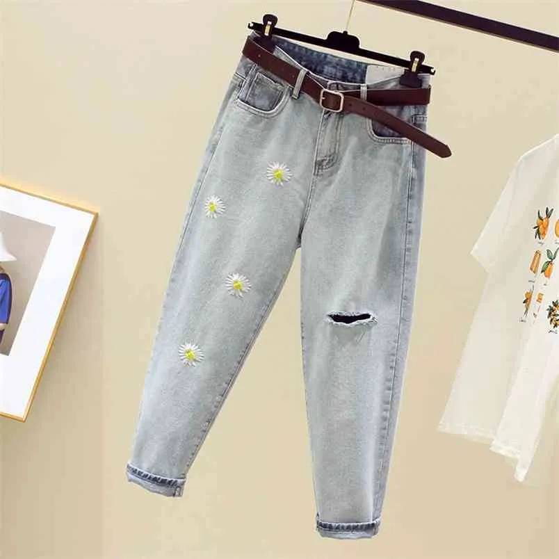 Lente zomer korea mode vrouwen casual denim harembroek bloem borduurwerk losse gescheurde jeans plus size 5XL S722 210512